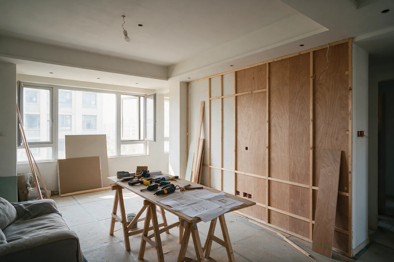 A living room in the middle of interior work with wooden panelling being fitted