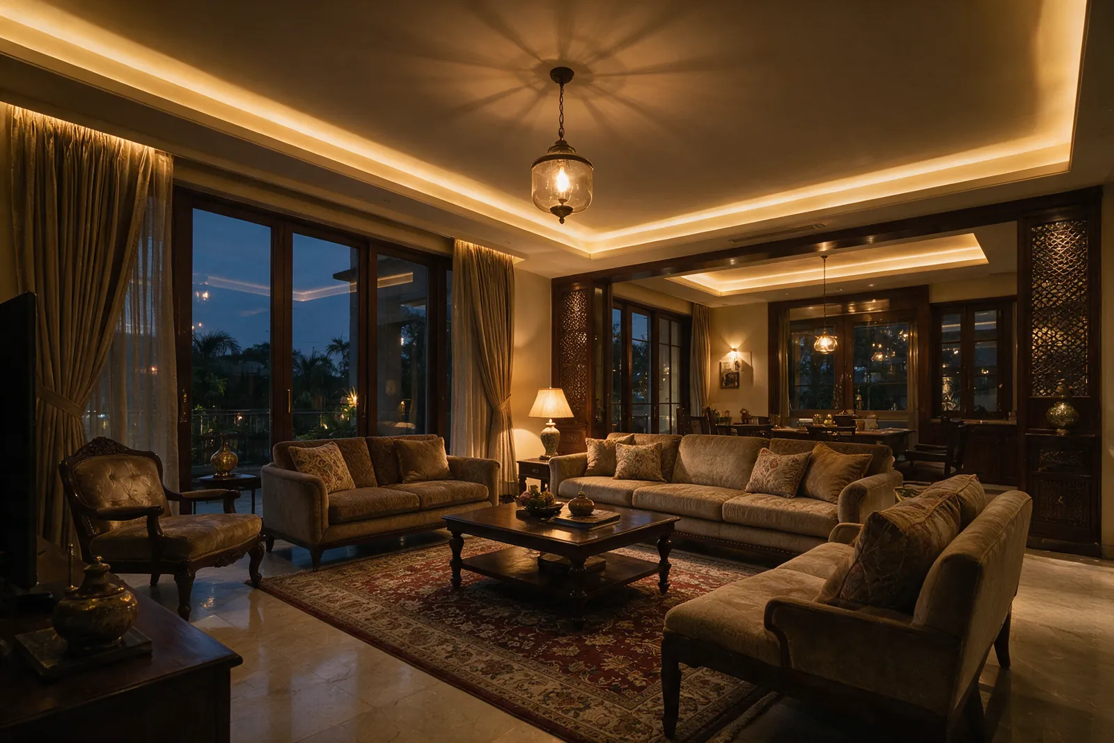 A living room in the evening with cove lighting, a pendant light and a table lamp