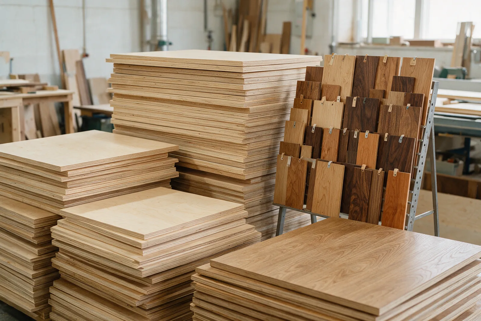 Stacks of plywood sheets and wood panel samples in a carpentry factory