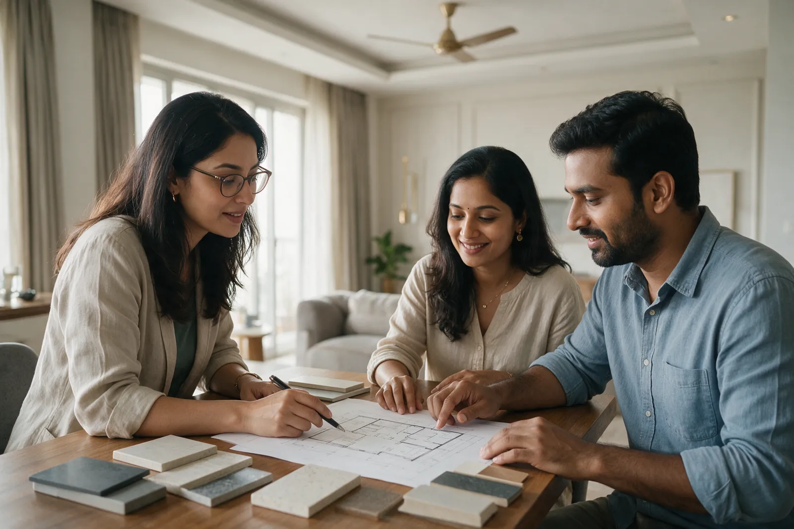 A designer and a couple reviewing a floor plan and material samples at a table
