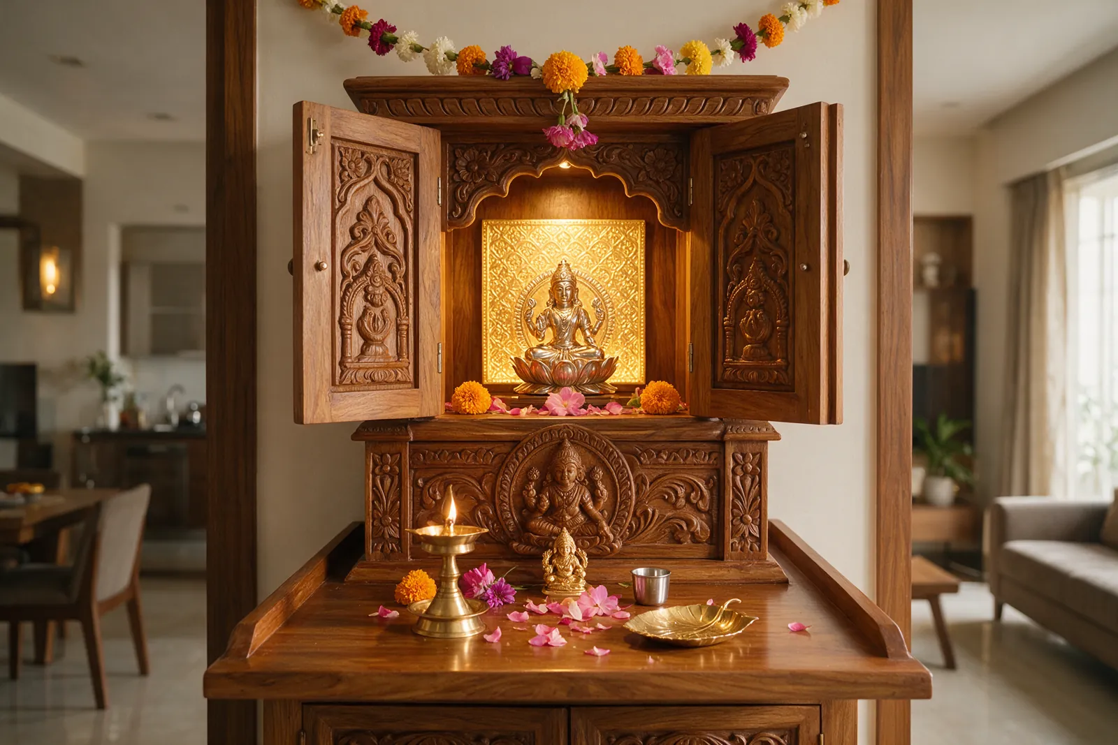 A carved wooden pooja unit with a brass lamp and fresh flowers