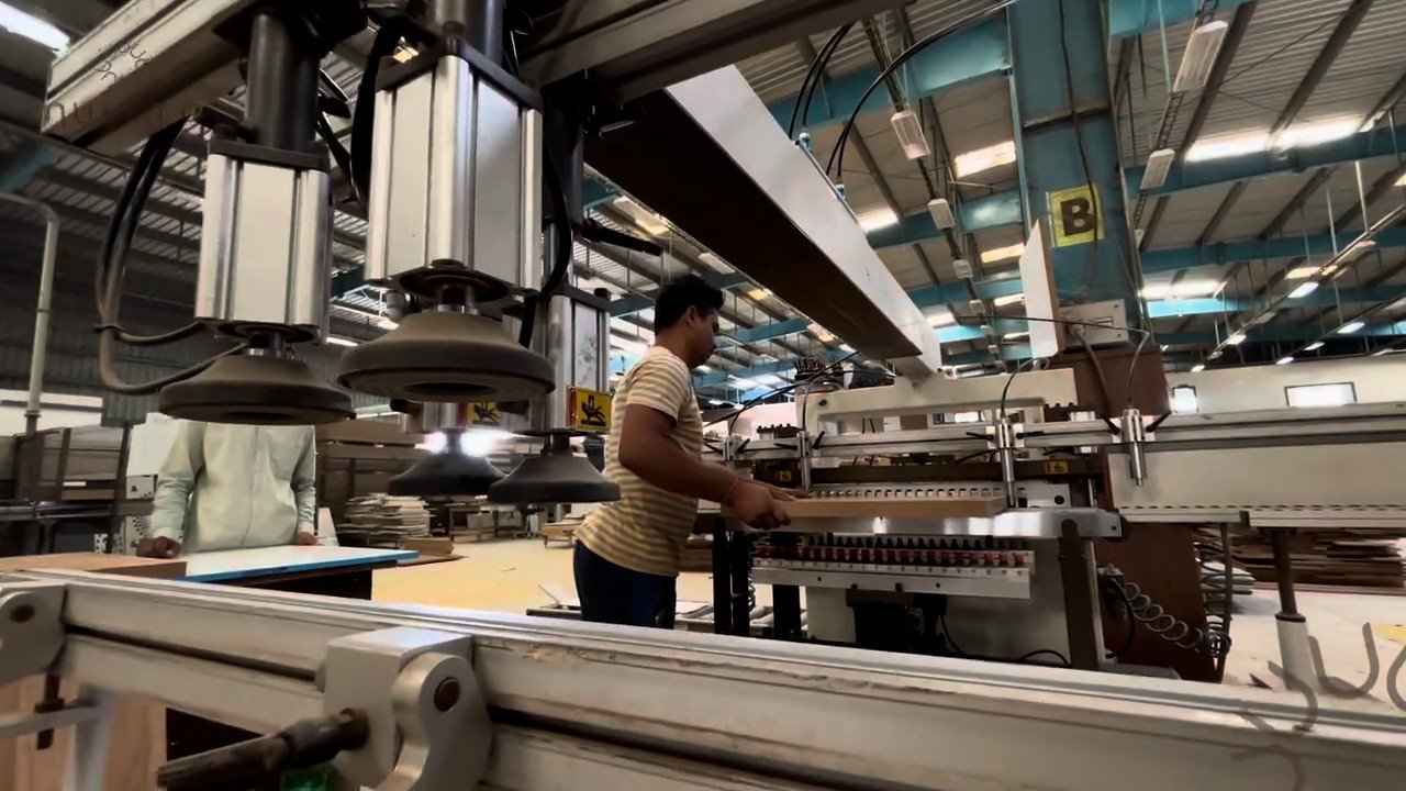 Panels being drilled on a multi-head boring machine