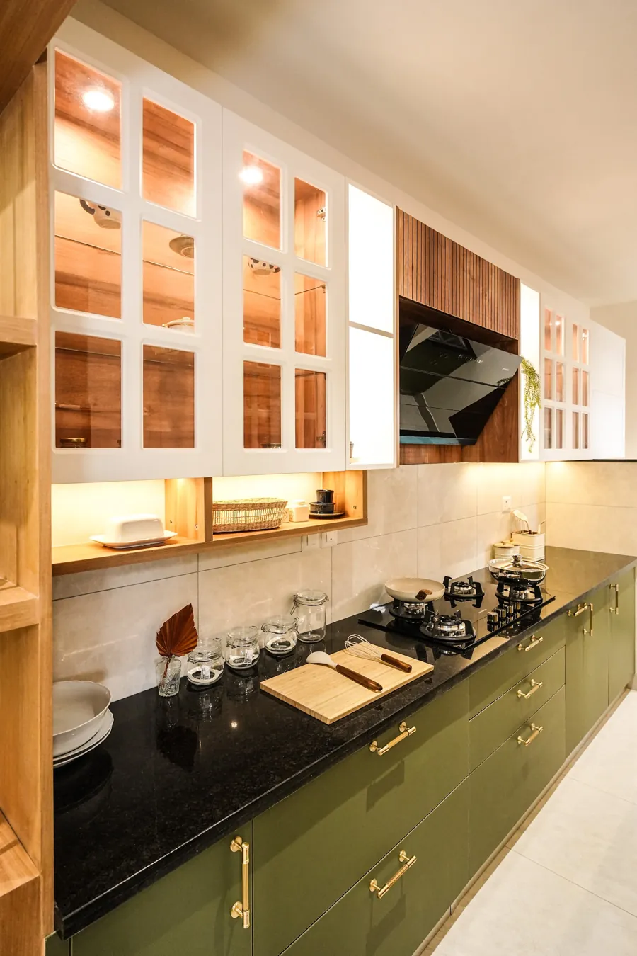 Brass handles and soft-close drawers in a Nuvora kitchen
