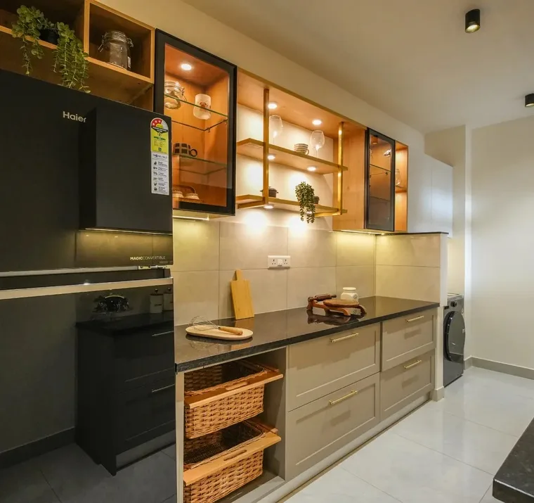 Modular kitchen with glass-front cabinets at Hopefarm Hearth by Nuvora