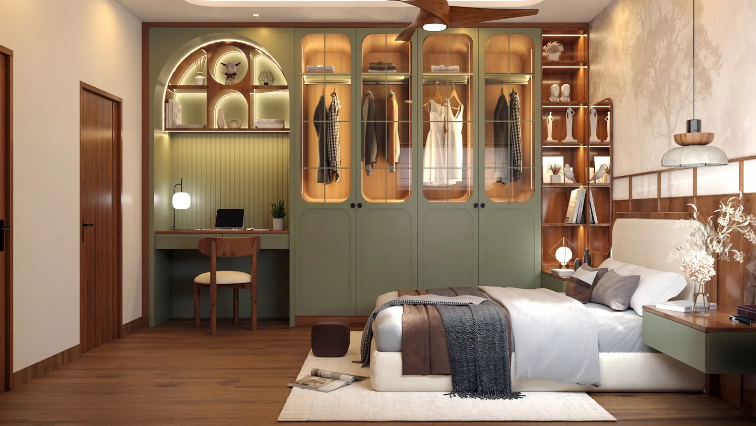 3D design of a bedroom with a lit wardrobe