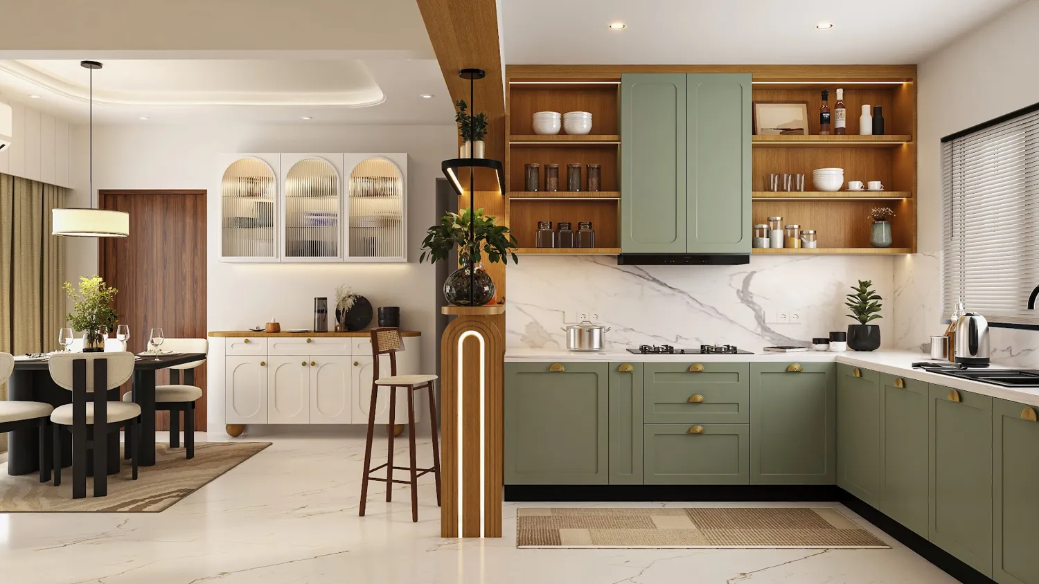 3D design of a kitchen and dining area
