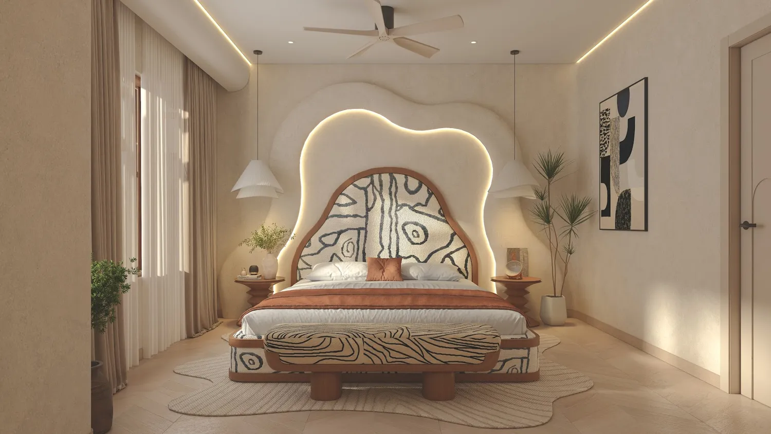 3D design of a bedroom with a sculpted headboard